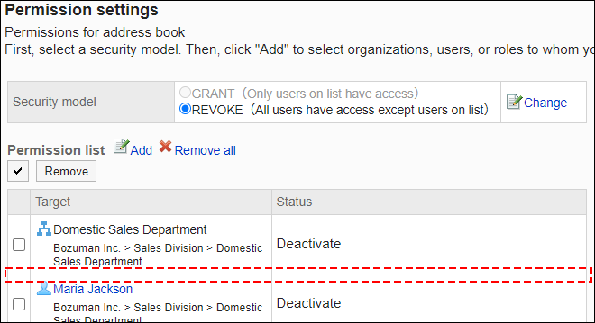 Screenshot: Example of permission settings. Daisuke Kato has been deleted from the permission list