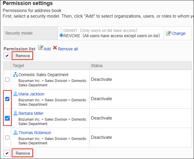 Screenshot: Checkboxes of users to be deleted are selected on the Permission settings screen. The Delete button is highlighted