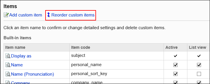 Image showing the link to reorder custom items