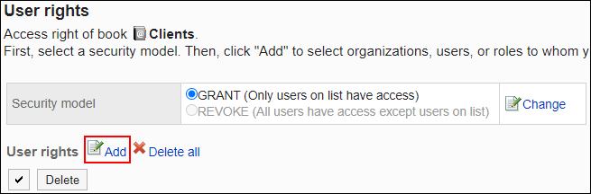 Screenshot: Link to add is highlighted in the list of User rights screen