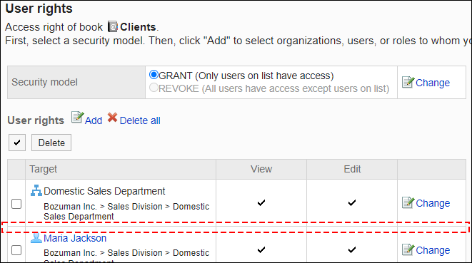 Screenshot: Example of permission settings. Daisuke Kato has been deleted from the user rights list