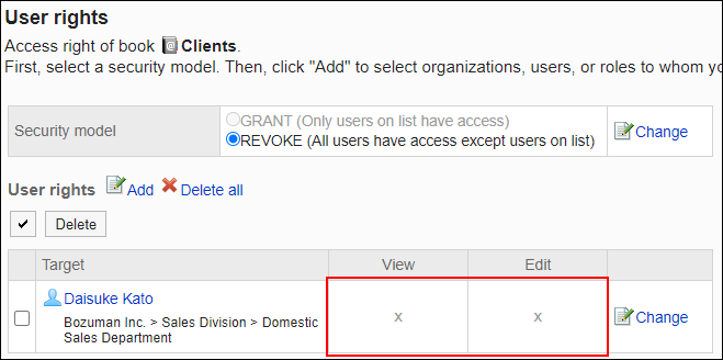 Screenshot: Example of permission settings. All permissions have been removed
