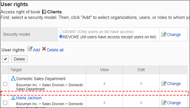 Screenshot: Example of permission settings. Daisuke Kato has been deleted from the user rights list