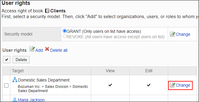 Screenshot: Link to change is highlighted in the list of User rights screen