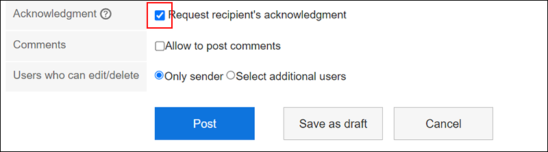 Screen capture: The "Request recipient's acknowledgment" checkbox is selected by default