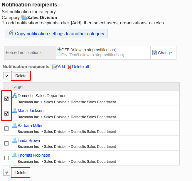 Screenshot: The notification recipients to delete and the "Delete" button are highlighted