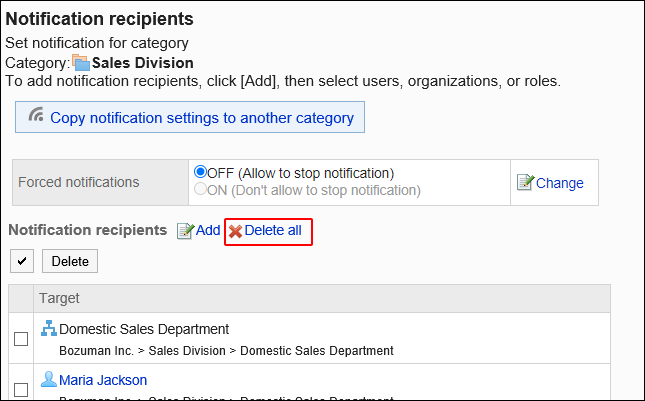 Screenshot: The "Delete all" action link is highlighted on the "Notification recipients" screen