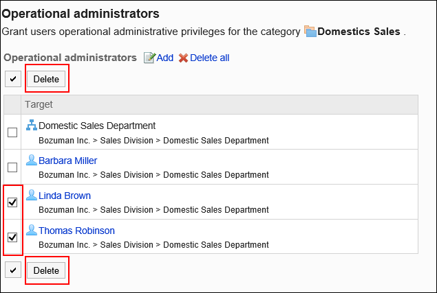 Image of operational administrative privileges selected to be deleted