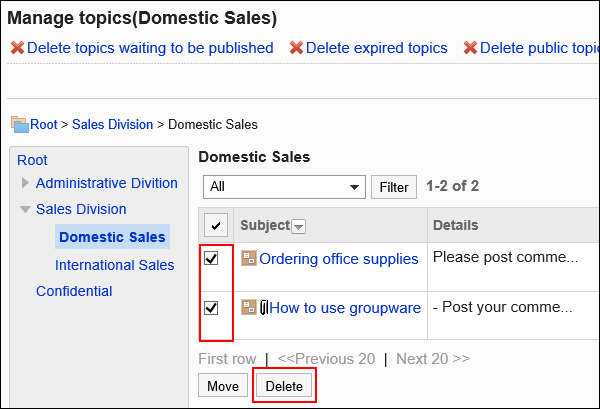 Image of topics selected to delete