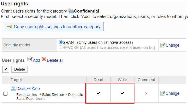 Screenshot: Example of permission settings. View and write permissions are granted