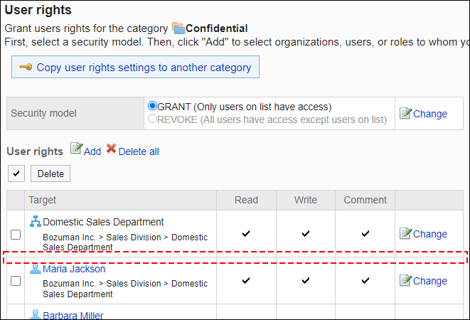 Screenshot: Example of permission settings. Daisuke Kato has been deleted from the user rights list