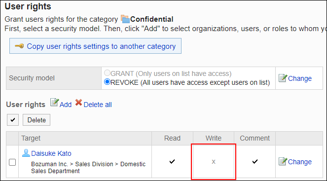 Screenshot: Example of permission settings. Write permission has been removed