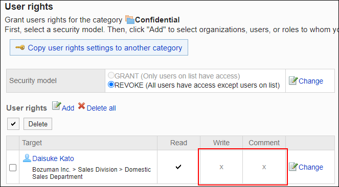 Screenshot: Example of permission settings. Write permission and add comment permission are removed