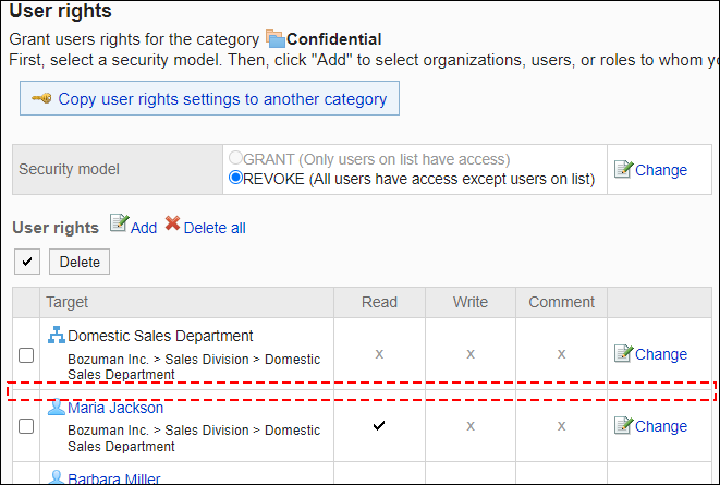 Screenshot: Example of permission settings. Daisuke Kato has been deleted from the user rights list