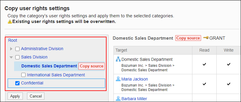 Screen capture: Image of selecting categories to apply user rights