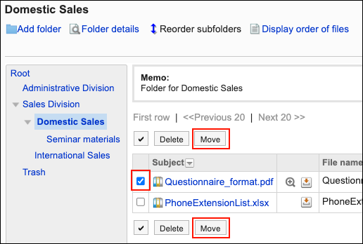 Screenshot: The checkbox for the file to move is selected in the "Folder settings" screen