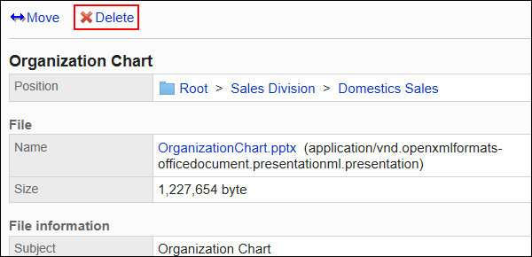 Screenshot: The "Delete" action link is highlighted in the "File Details" screen