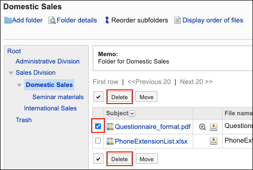 Screenshot: The checkbox for the file to delete is selected in the "Folder settings" screen