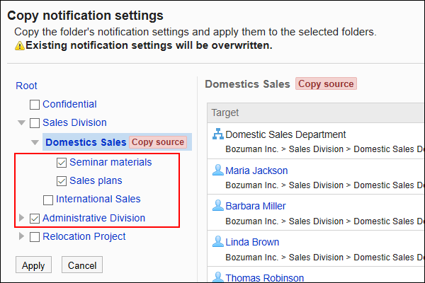 Image of selecting folder to apply notification settings