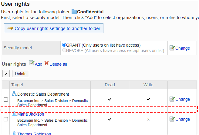 Screenshot: Example of permission settings. Daisuke Kato has been deleted from the user rights list
