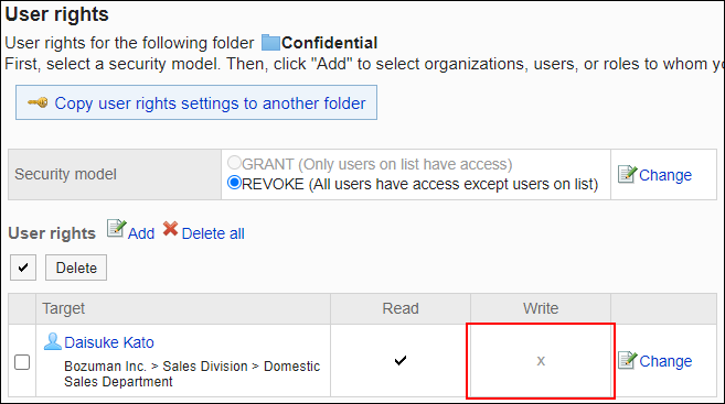 Screenshot: Example of permission settings. Write permission has been removed