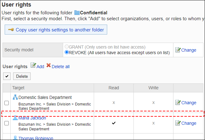 Screenshot: Example of permission settings. Daisuke Kato has been deleted from the user rights list