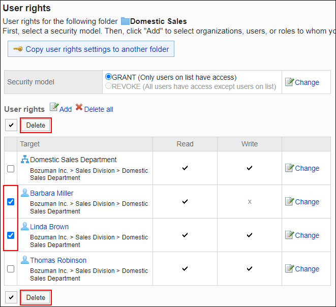 Screenshot: Checkboxes of users to be deleted are selected on the User rights screen. The Delete button is highlighted