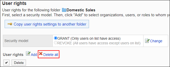 Screenshot: Link to delete all is highlighted in the list of User rights screen
