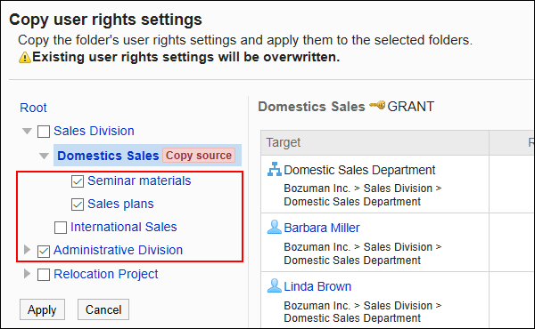 Image of selecting a folder for which you want to apply permissions
