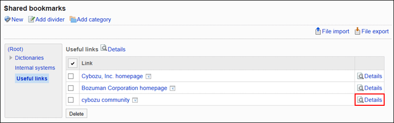 Image of the details action link surrounded by the red rectangle box