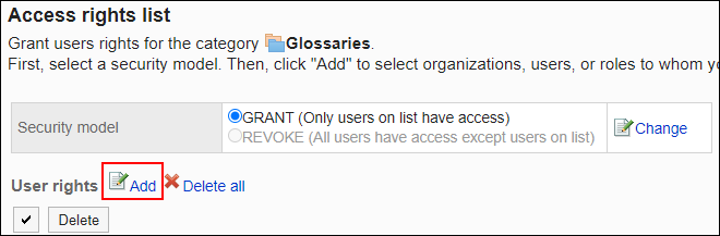 Screenshot: Link to add is highlighted in the list of User rights screen