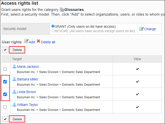 Screenshot: Checkboxes of users to be deleted are selected on the User rights screen. The Delete button is highlighted