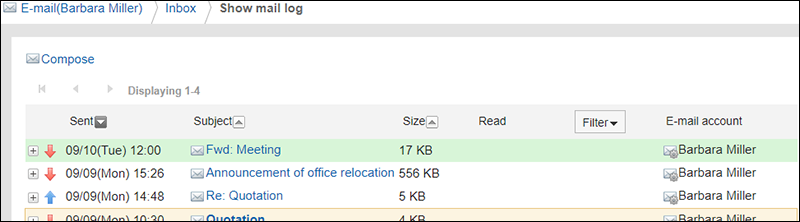Screenshot: Example screen of e-mail log