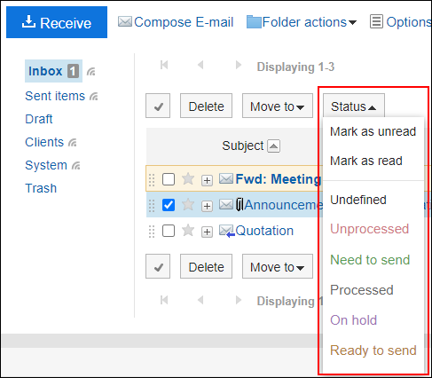 Screenshot: Example user screen where 'Manage e-mail by status' is displayed