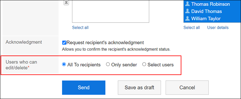 Screen capture: Configuring a default setting for an option to allow edition/deletion