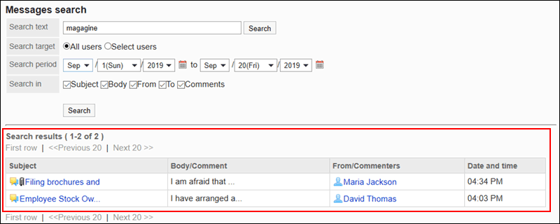Messages displayed in search results