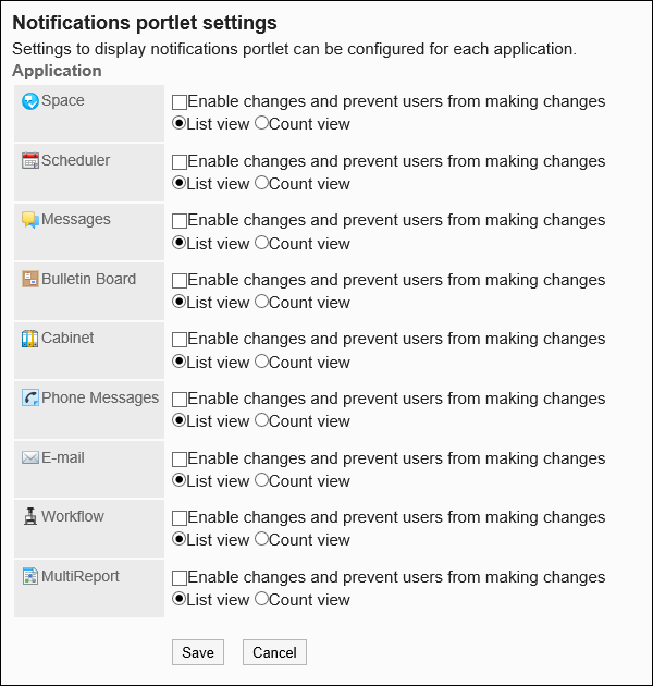 Notifications portlet settings screen