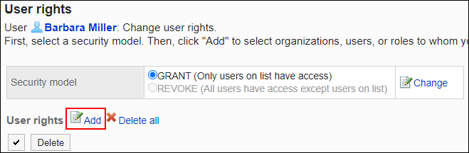 Screenshot: Link to add is highlighted in the list of User rights screen