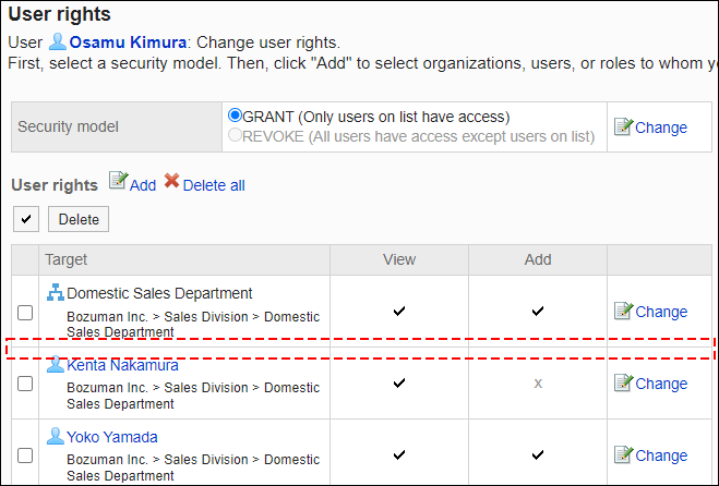 Screenshot: Example of permission settings. Daisuke Kato has been deleted from the user rights list