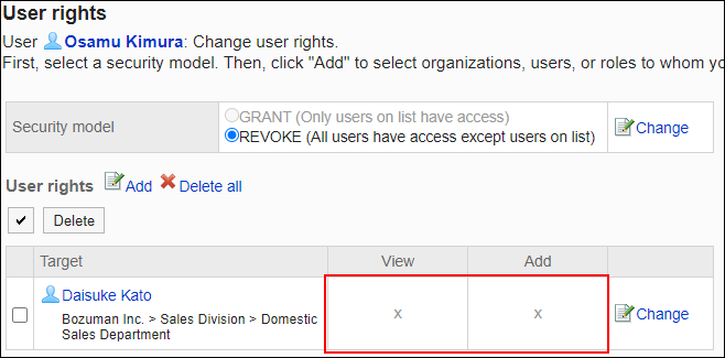 Screenshot: Example of permission settings. All permissions have been removed