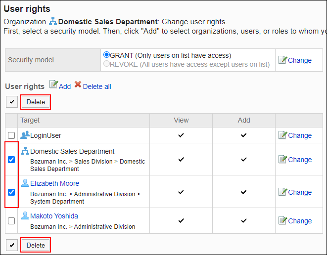 Screenshot: Checkboxes of users to be deleted are selected on the User rights screen. The Delete button is highlighted