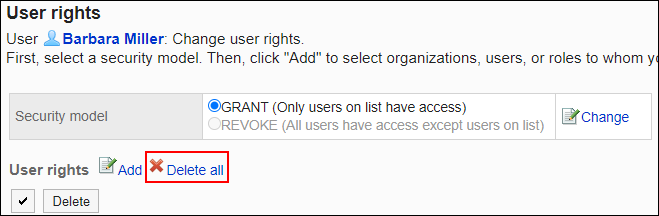 Screenshot: Link to delete all is highlighted in the list of User rights screen