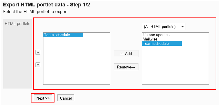 Image selecting portlets to export to a XML file