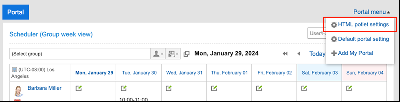 Screenshot: The Portal screen with the "HTML portlet settings" link being highlighted