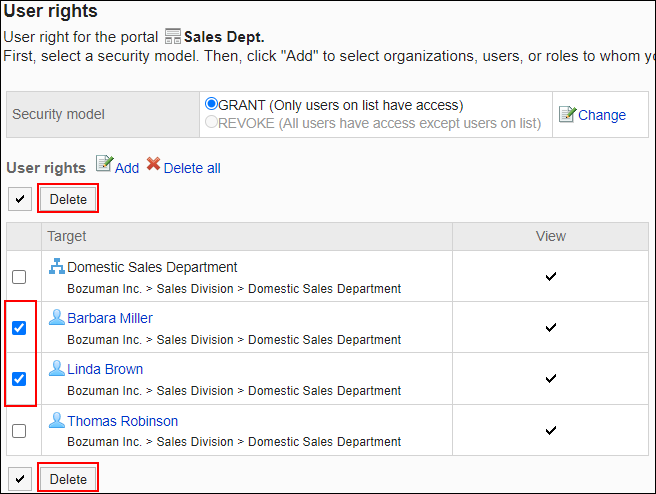 Screenshot: Checkboxes of users to be deleted are selected on the User rights screen. The Delete button is highlighted