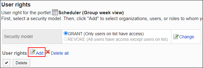 Screenshot: Link to add is highlighted in the list of User rights screen