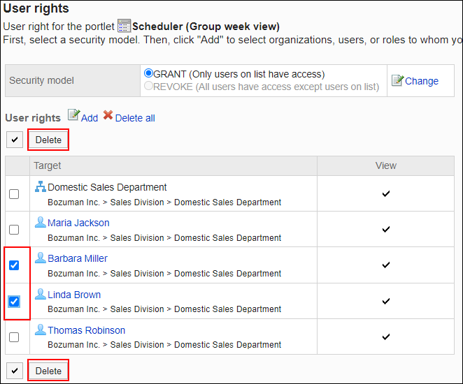 Screenshot: Checkboxes of users to be deleted are selected on the User rights screen. The Delete button is highlighted