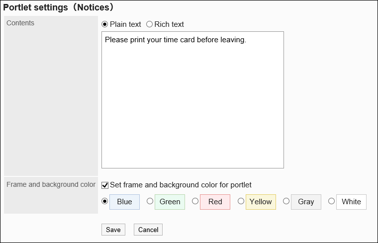 Portlet settings (Notifications) screen