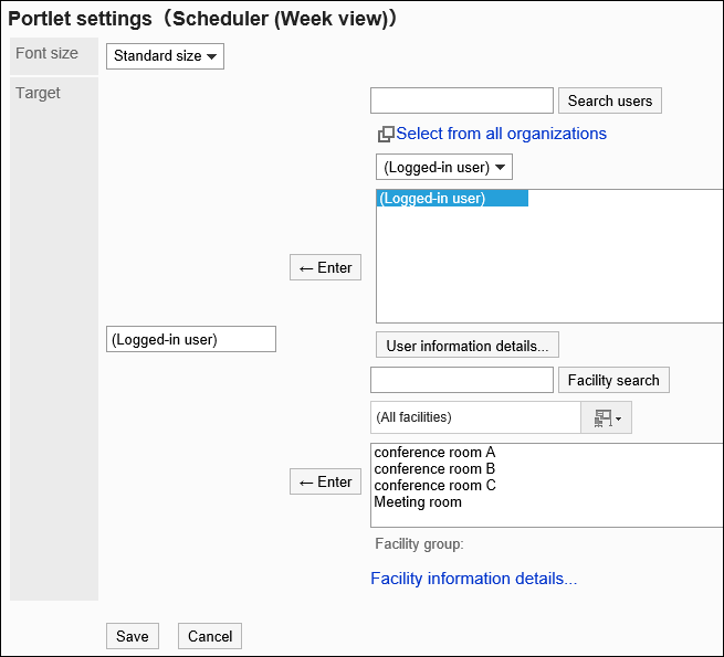 Portlet Settings (Scheduler (week view)) screen