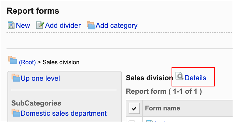 Screenshot: Link of Details is highlighted on the Report forms screen